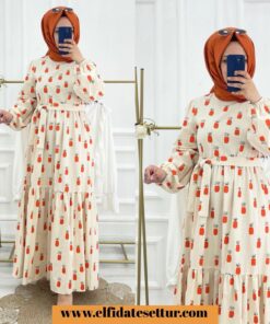 Keten ananas desenli elbise