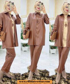 Deri pantolonlu takım