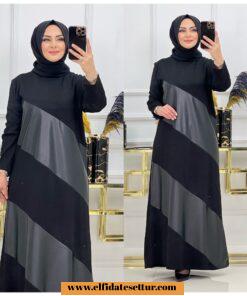 Simli deri garnili tesettür ahu elbise