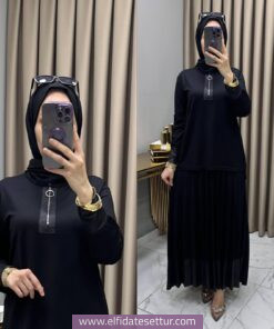 Begonya Deri Detaylı Piliseli Etekli Takım