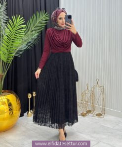 Elif Dantel Etek ve Degaje Yaka Bluz İkili Takım