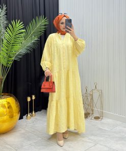 Düğmeli Elen Elbise Nakışlı Rahat Kesim Tesettür Elbise