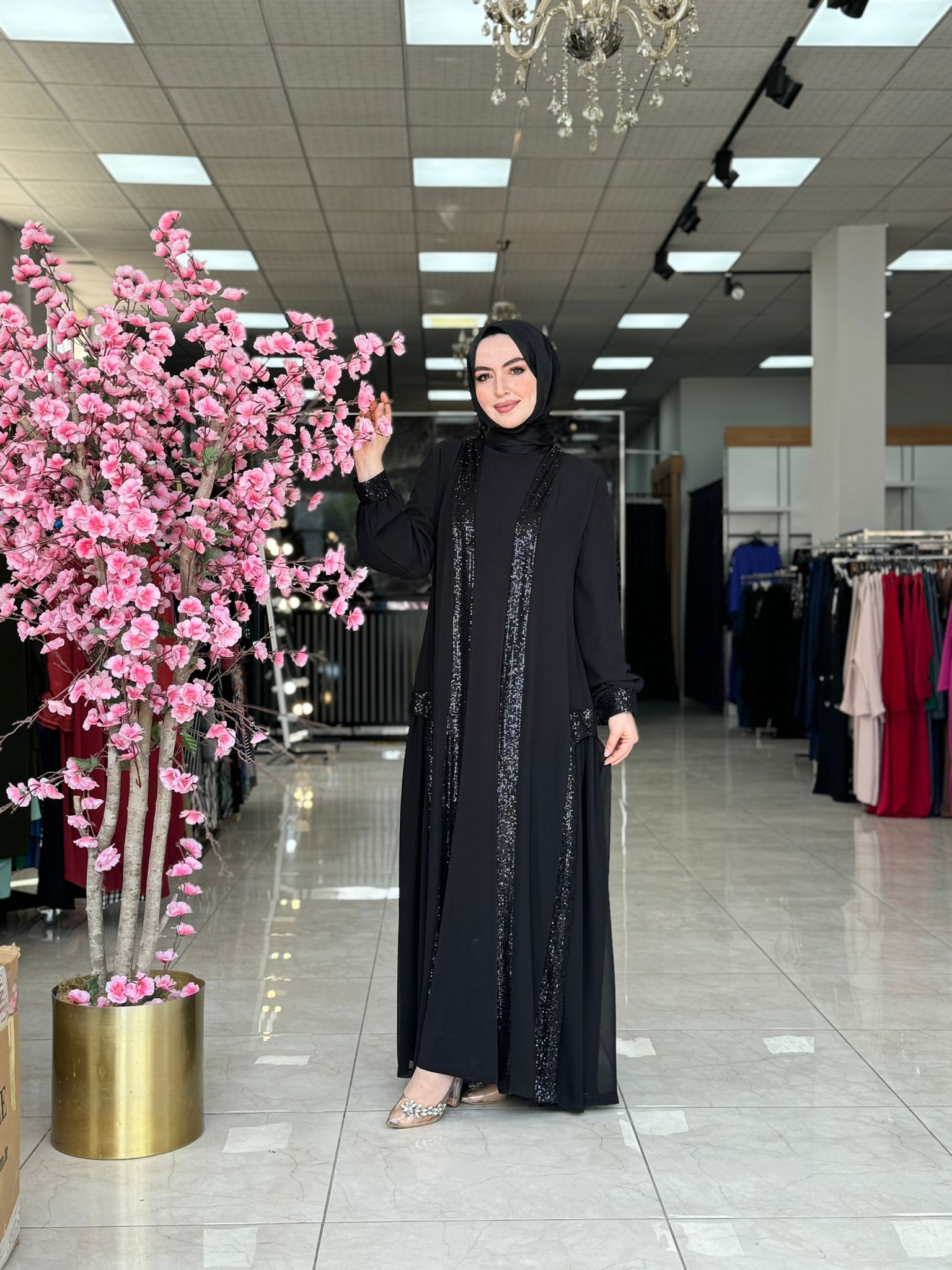 Aygül Siyah Pul Payetli Tesettür Takım